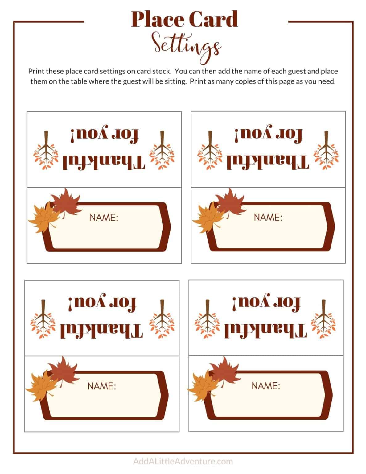 Free Printable Place Cards Template Thanksgiving Printable Templates