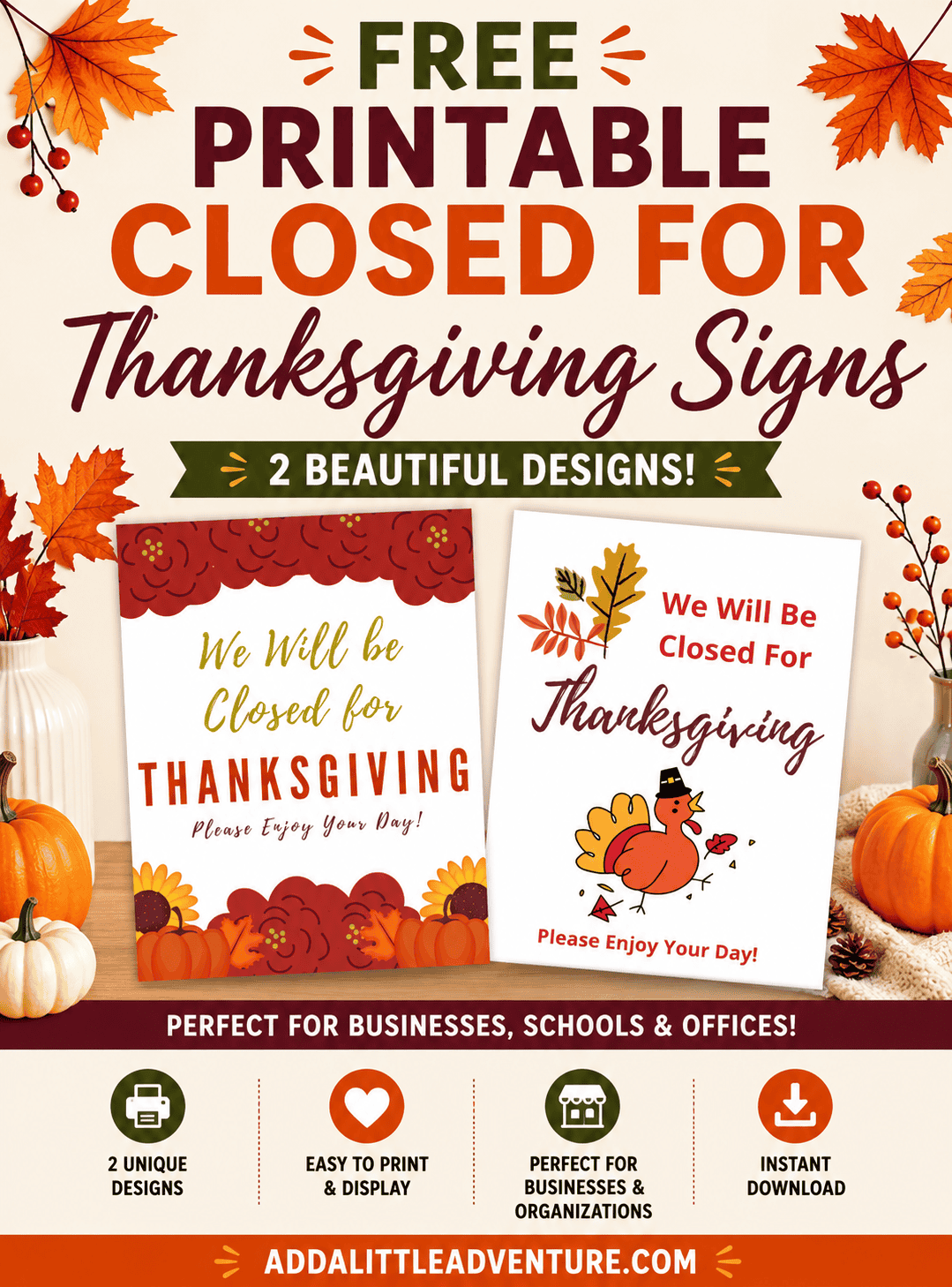 Free Printable Closed for Thanksgiving Signs