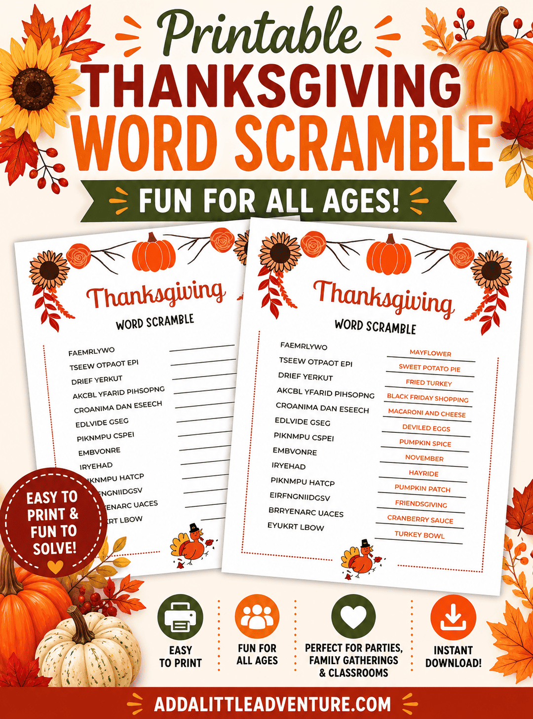 Free Printable Thanksgiving Word Scramble