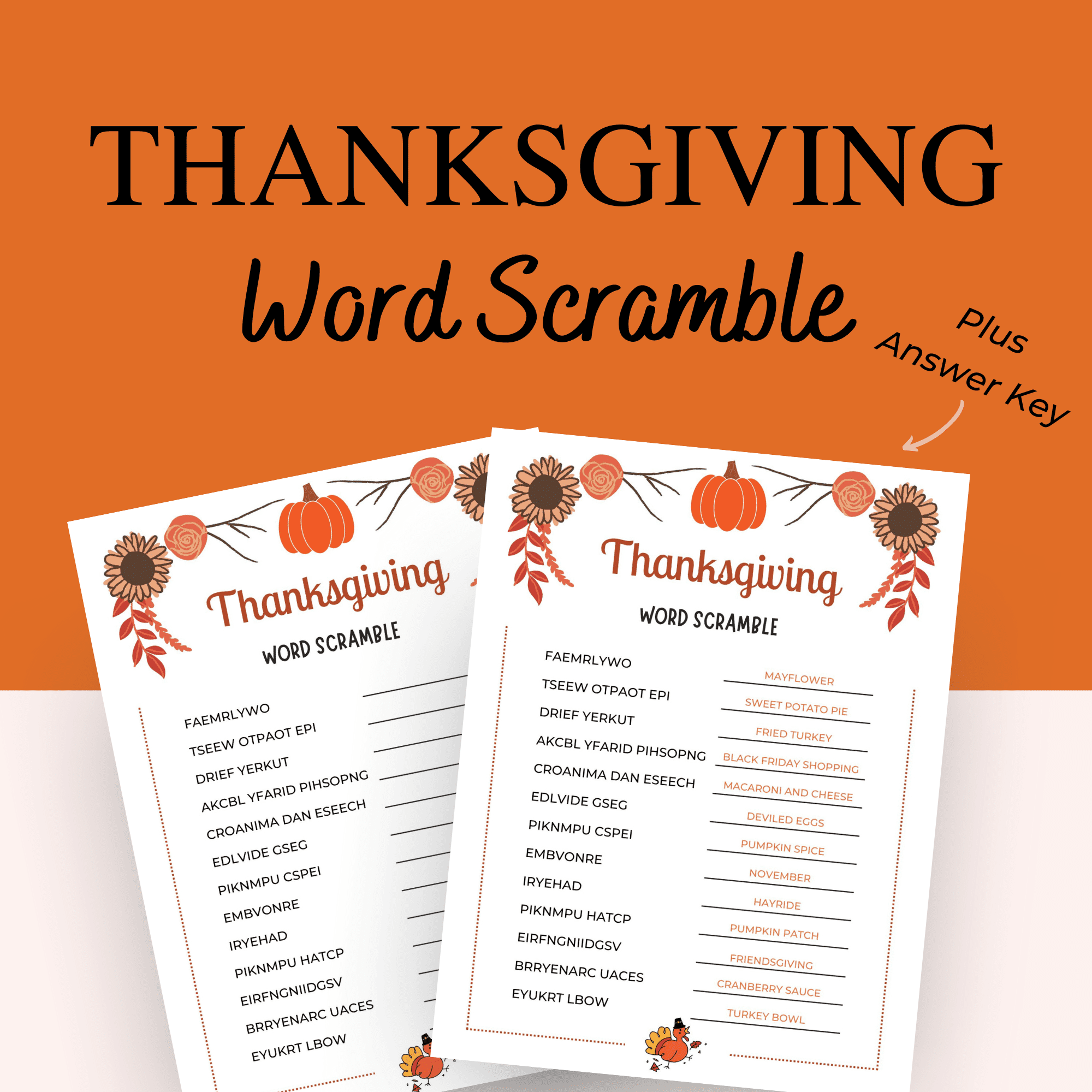 Thanksgiving Word Scramble with Answer Key