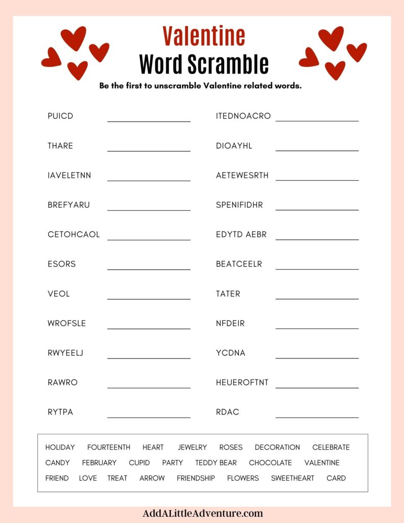 Valentine's Day Word Scramble for Younger Kids