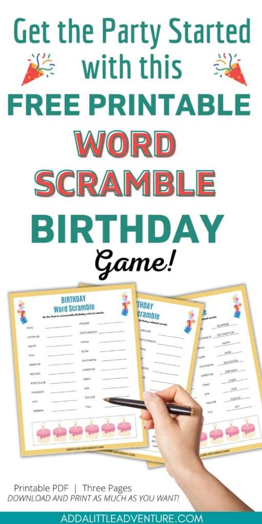 Get the party started with this free printable birthday word scramble game
