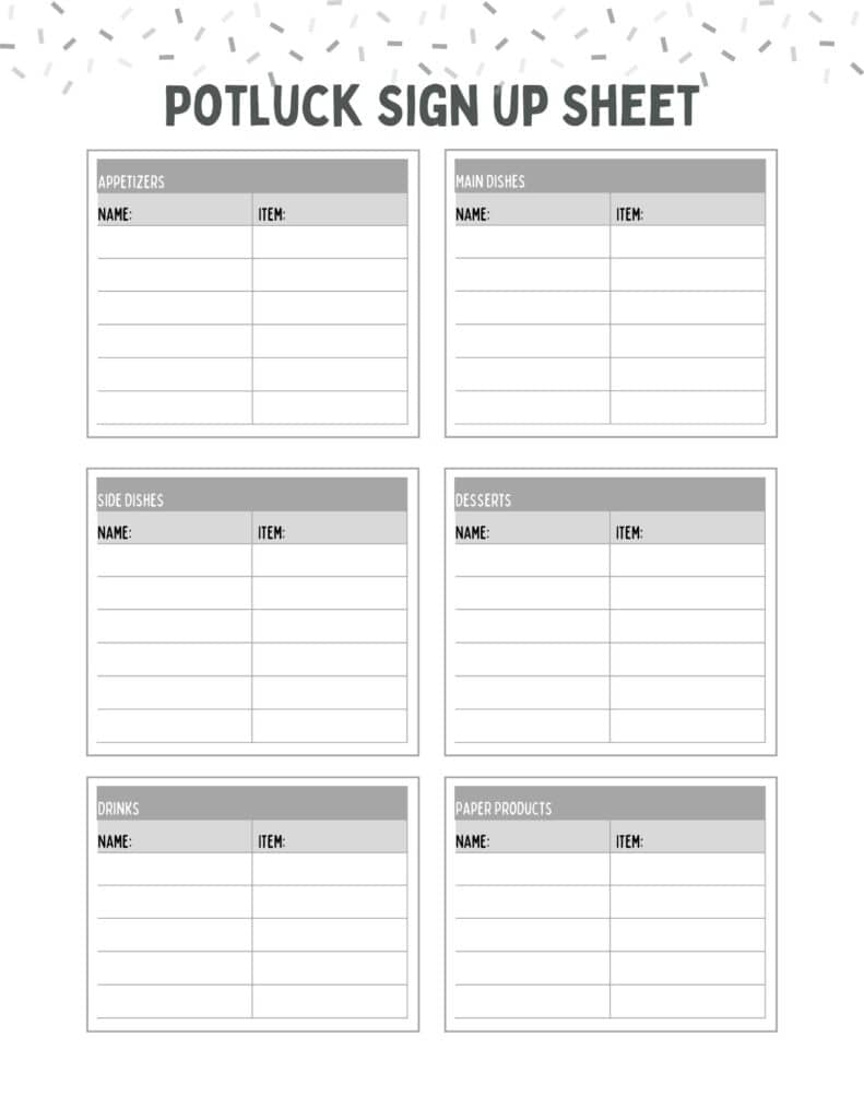 Black and White Potluck Sign Up Sheet