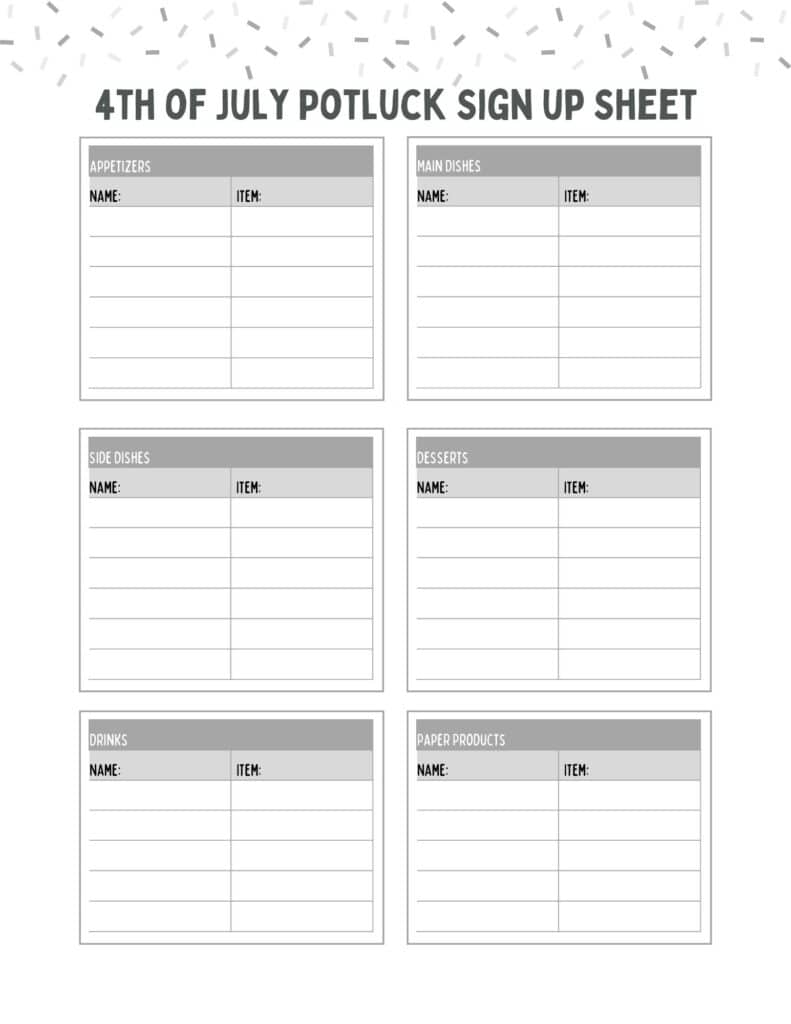 Black and White 4th of July Potluck Sign up Sheet