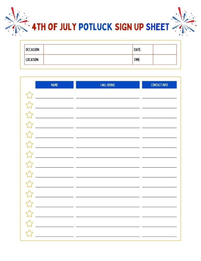 Fourth of July Potluck Sign Up Sheet
