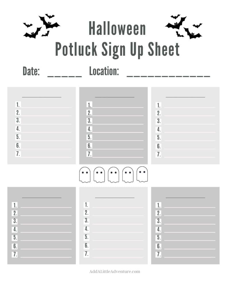 Black and White Halloween Potluck Sign-Up Template with Blank Food Categories