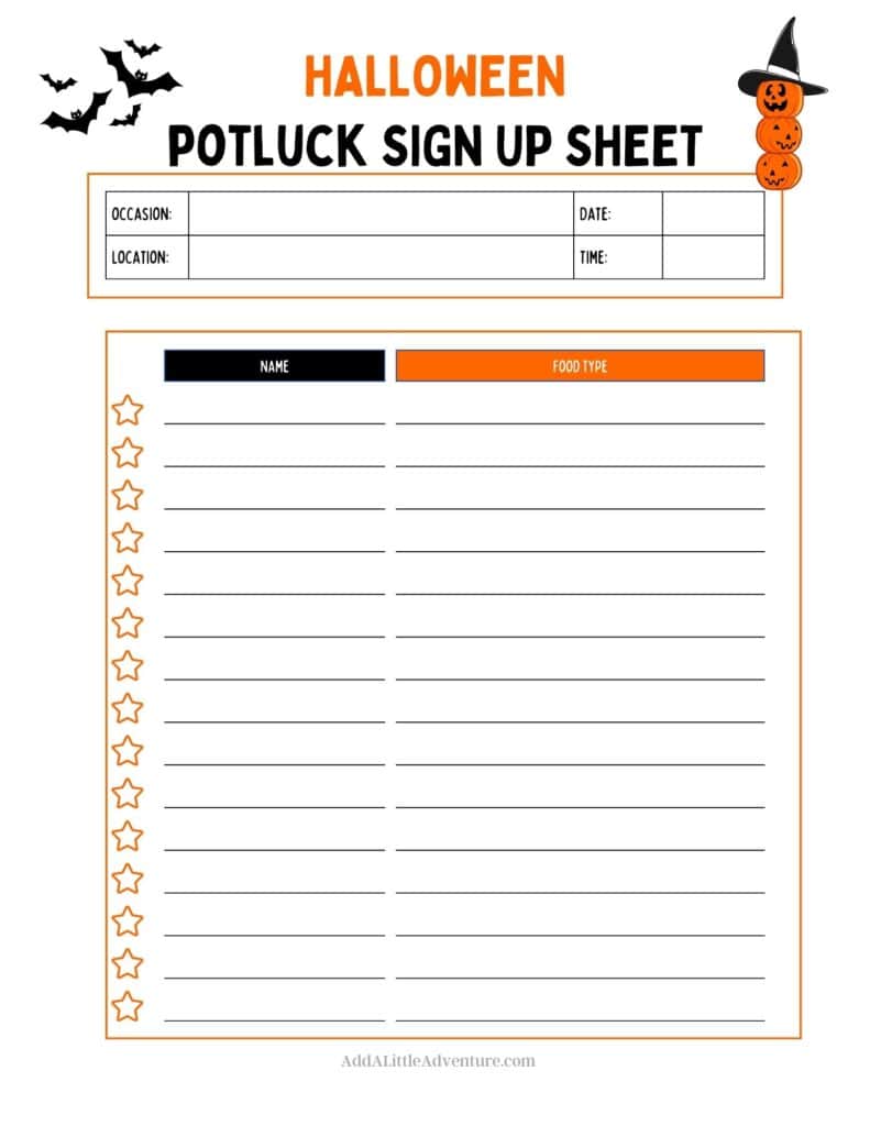 Halloween Potluck Sign-Up Sheet