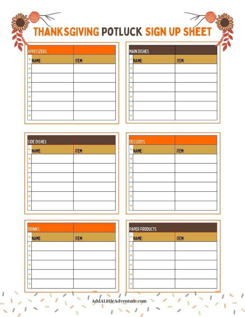 Thanksgiving Potluck Sign-Up Sheet with Food Categories