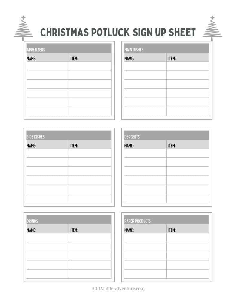 Black and White Christmas Potluck Sign up Sheet