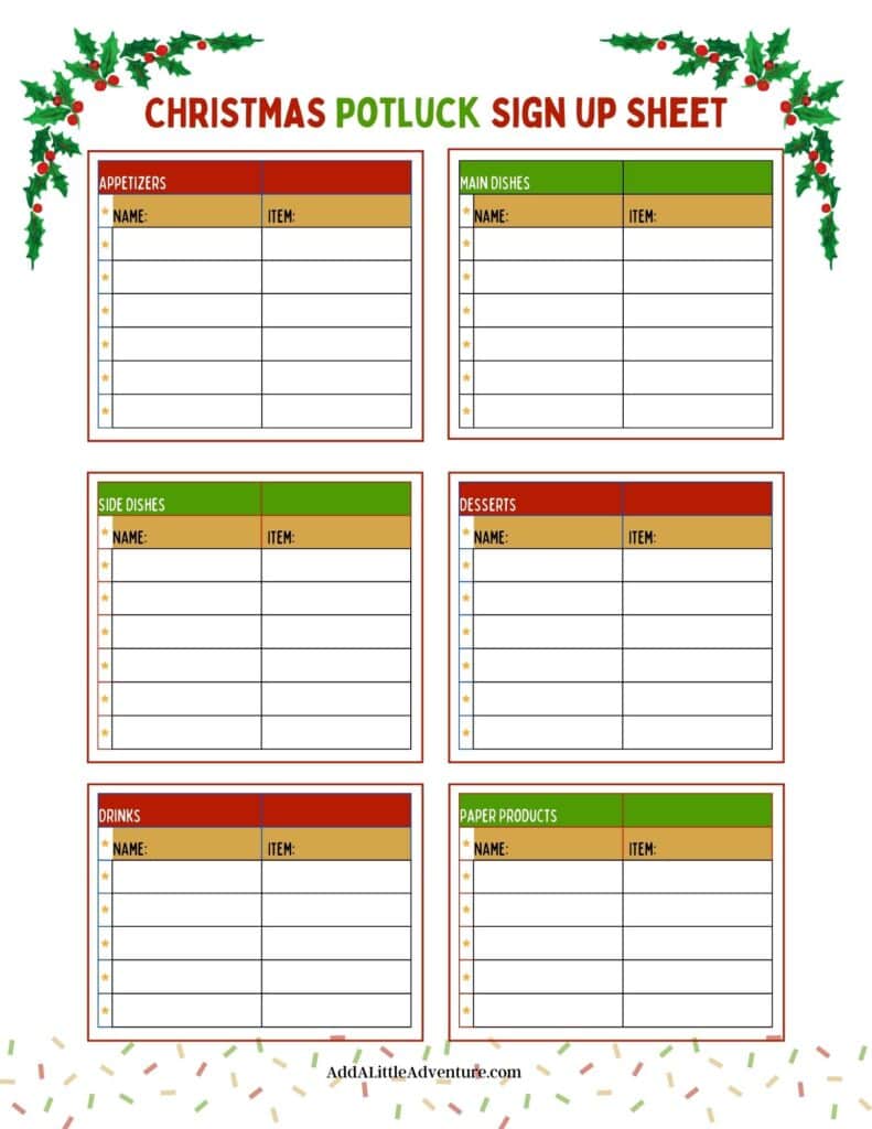 Christmas Potluck Sign-Up Sheet with Food Categories