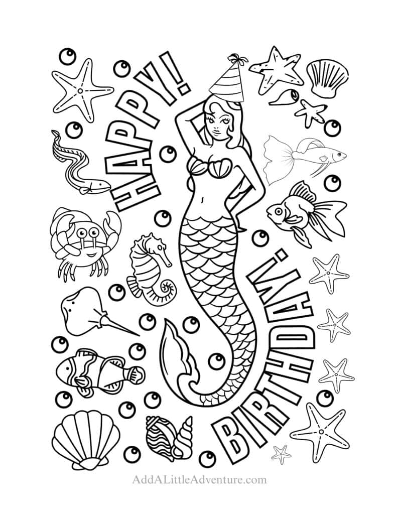 mermaid birthday coloring page