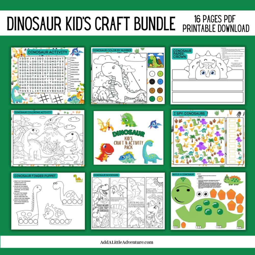 Dinosaur Kid's Craft Bundle - 16 Pages of Dinosaur Activities for Kids. Printable Download