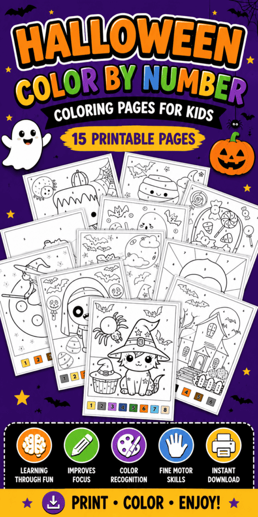 Halloween Color By Number Coloring Pages for Kids 15 Printable Pages
