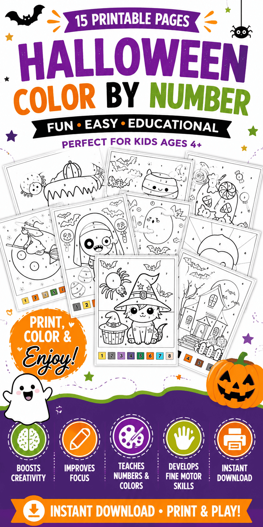 Halloween Color By Number Coloring Pages for Kids
