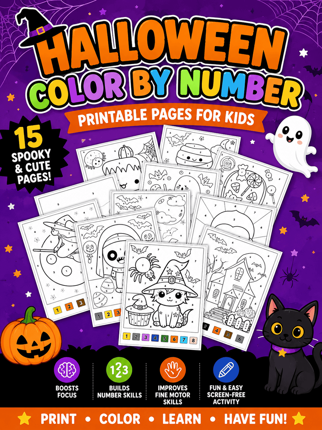 Halloween Color By Number Coloring Pages for Kids